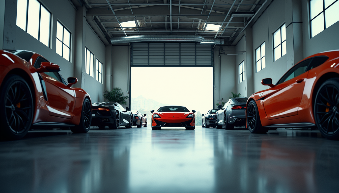 Eye-level view of a high-end auto body shop with exotic cars inside