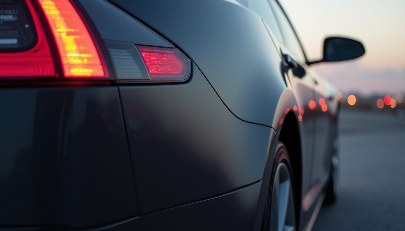 Close-up view of Tesla Model S rear quarter panel with repair marks