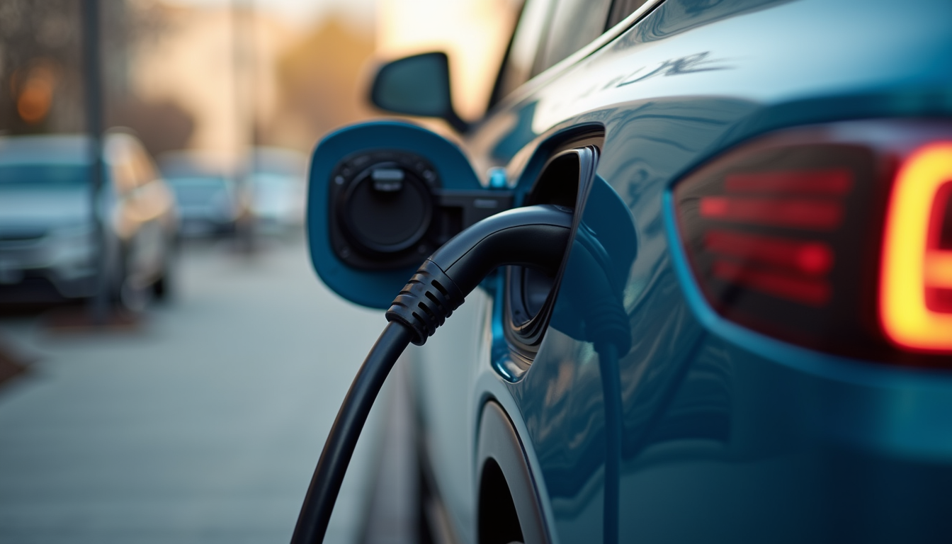 Eye-level view of an electric vehicle charging port with a cable plugged in