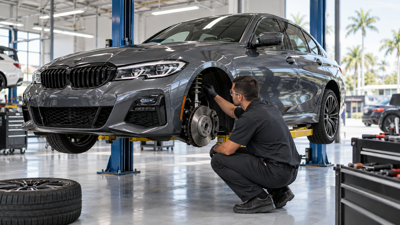 Technician inspecting the front suspension of a BMW in a repair facility