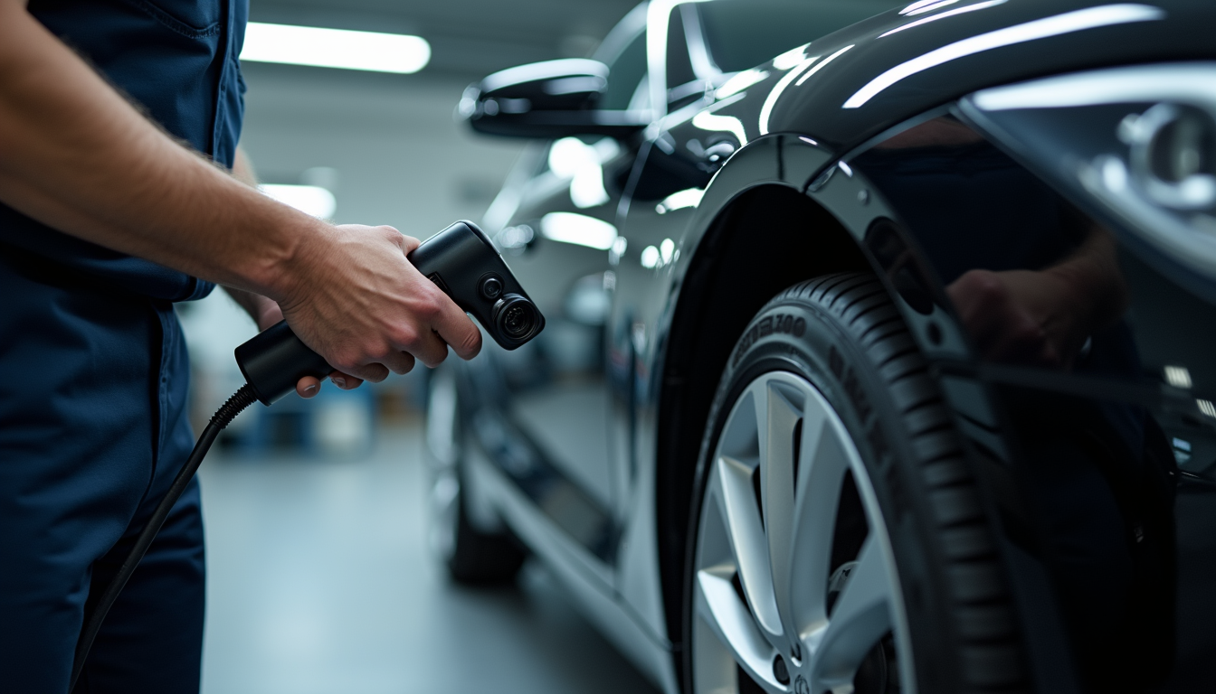 Close-up view of a technician using a diagnostic scanner on a luxury car