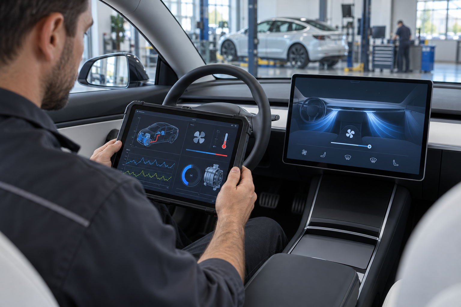 Illustration of an electric vehicle A/C diagnostic scan displayed on a technician tablet