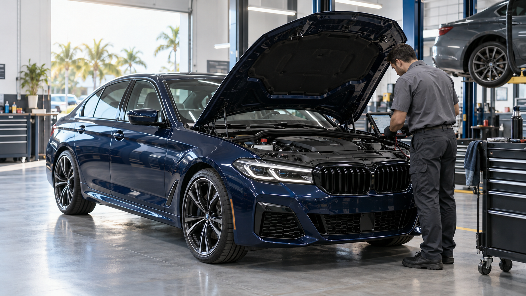 Technician inspecting a luxury BMW-style sedan air-conditioning system in a modern Hollywood, Florida workshop