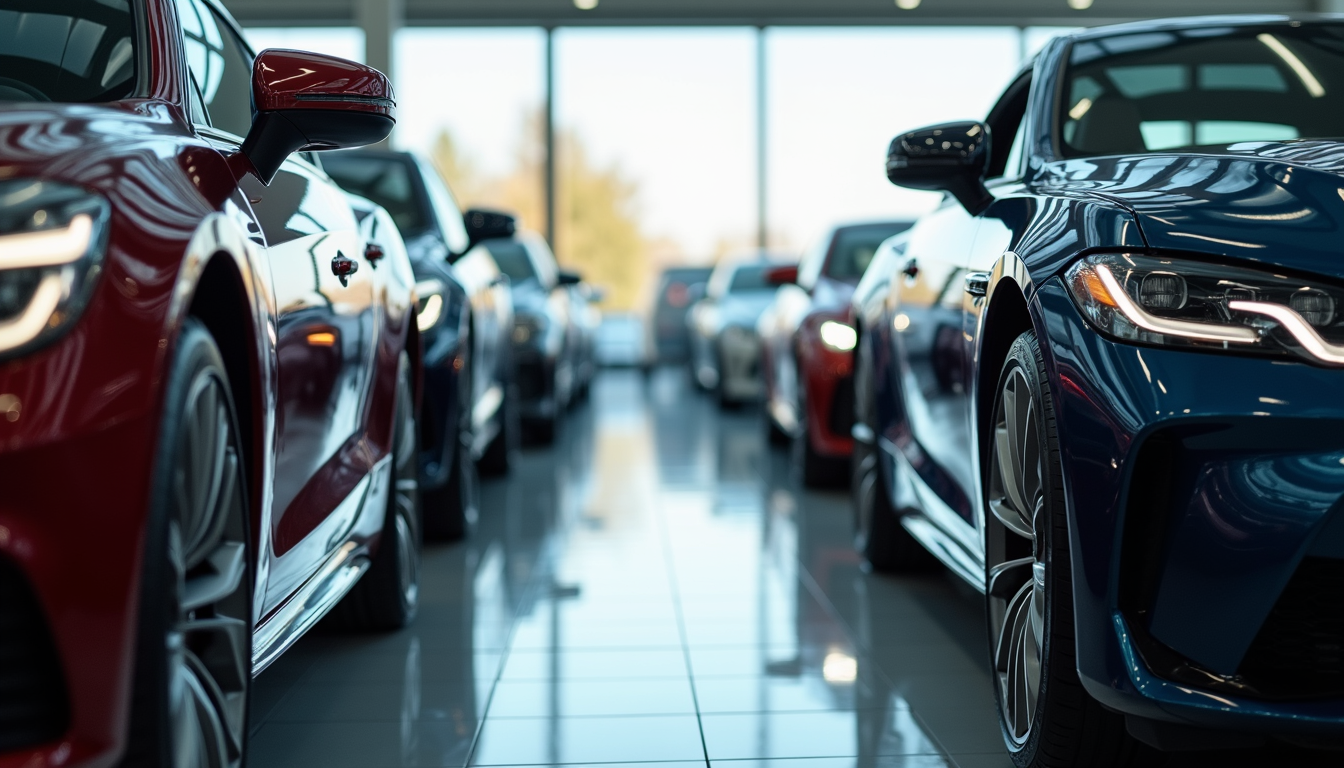 High angle view of a luxury car showroom with polished vehicles ready for delivery