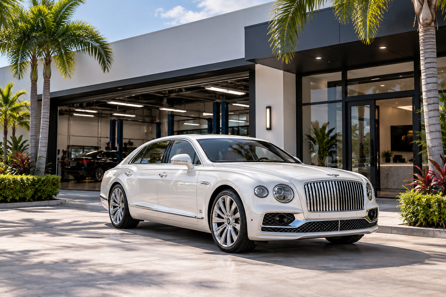 Illustrative Bentley-style luxury sedan outside a South Florida automotive repair facility