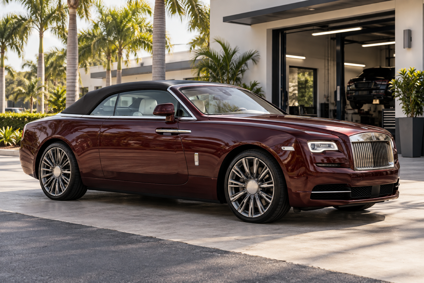 Illustrative Rolls-Royce convertible with its fabric roof closed outside a South Florida repair facility