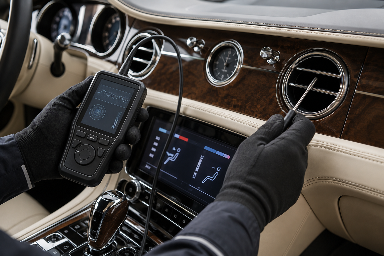 Illustrative close-up of a vent temperature and airflow test in a Bentley-style luxury interior