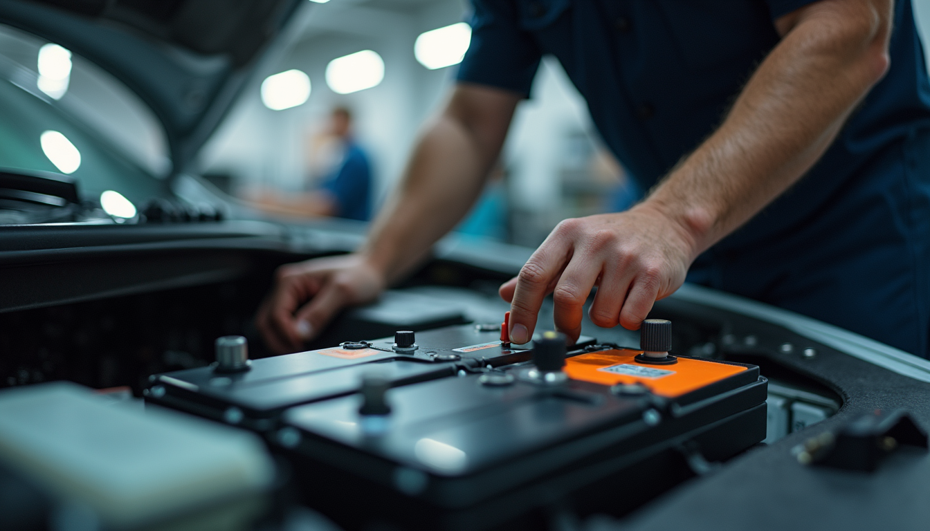 Eye-level view of a technician inspecting an electric vehicle battery pack in a repair shop