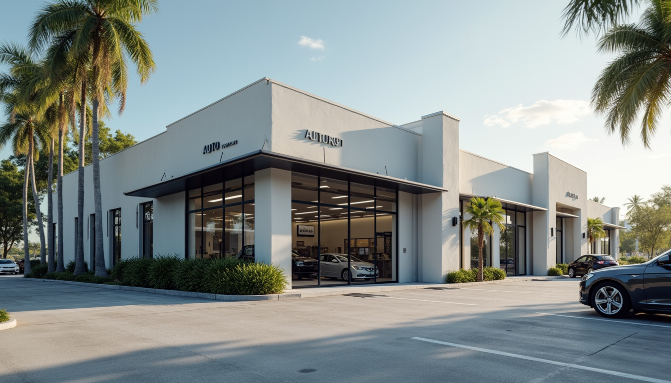 Wide angle view of a modern auto body shop exterior in Hollywood, FL