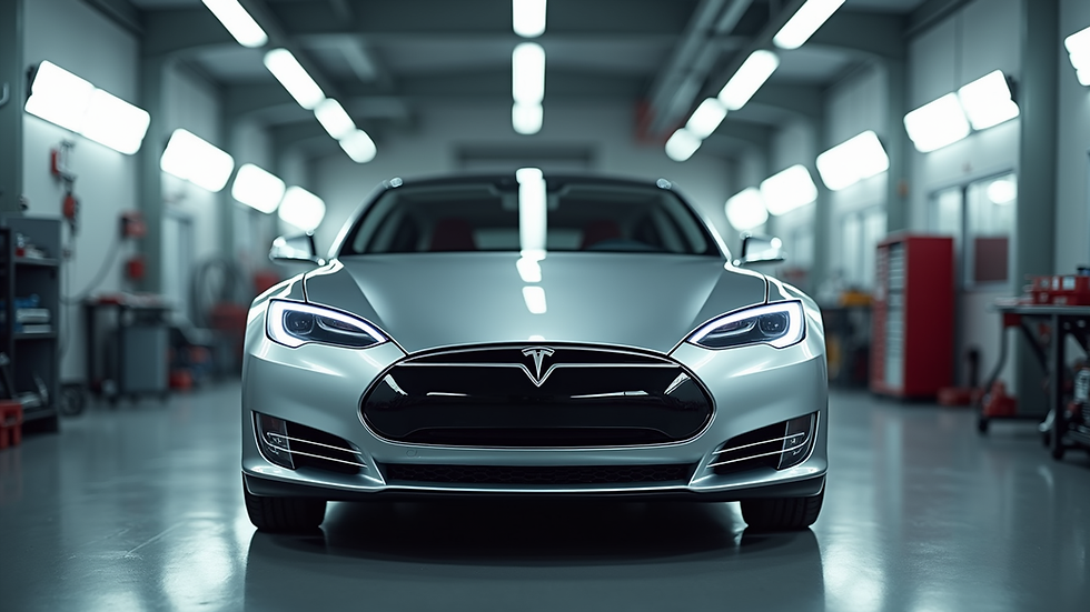 Eye-level view of a Tesla Model S inside a body shop repair bay