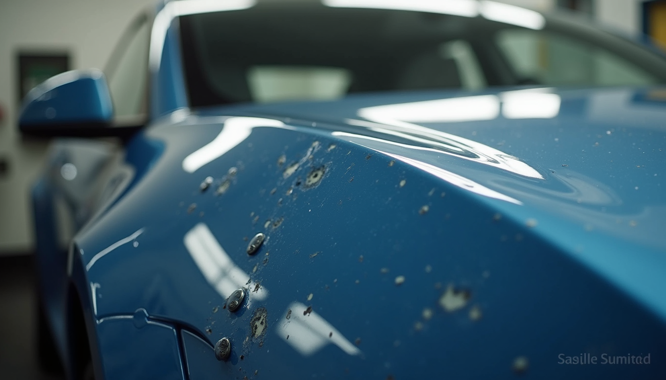 Close-up view of Tesla body panel being repaired in a shop