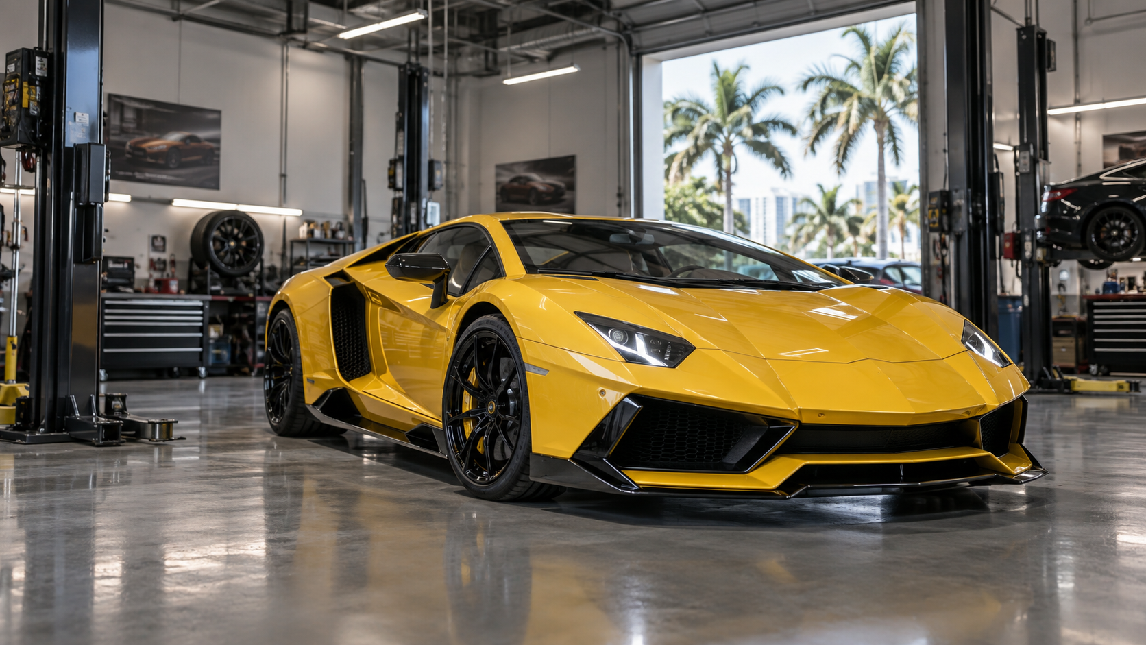Yellow exotic sports car in a professional South Florida repair workshop