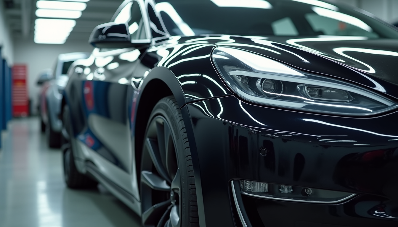 Close-up view of a Tesla undergoing body repair in a specialized shop