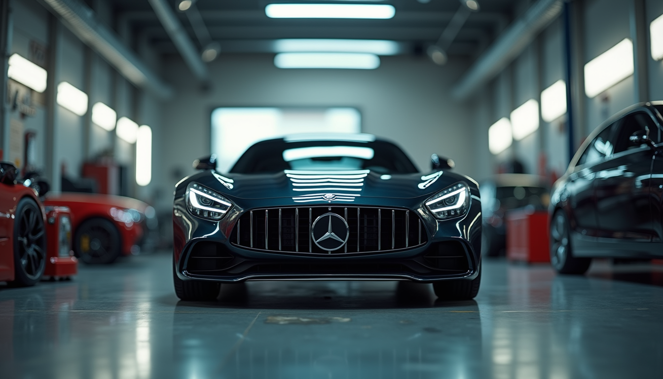 Eye-level view of a luxury imported car in a repair shop