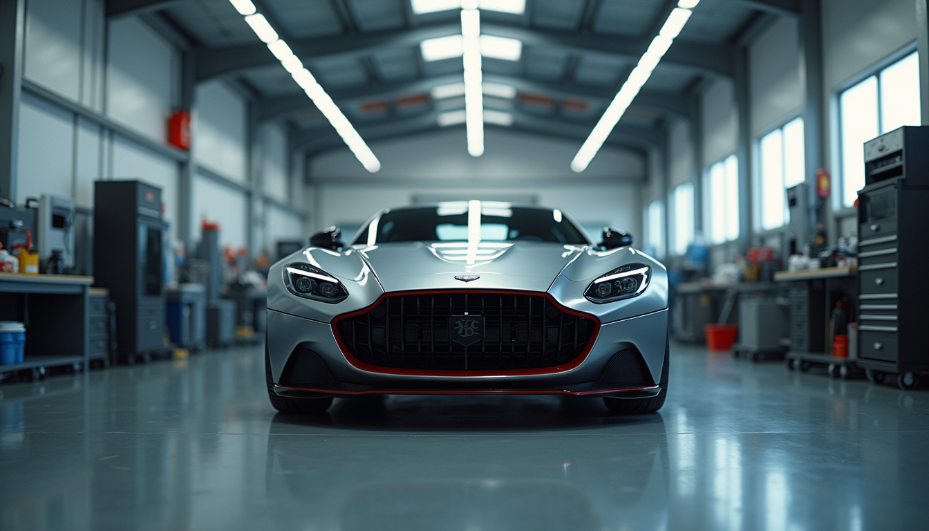 Eye-level view of a high-end car in a clean, professional repair shop