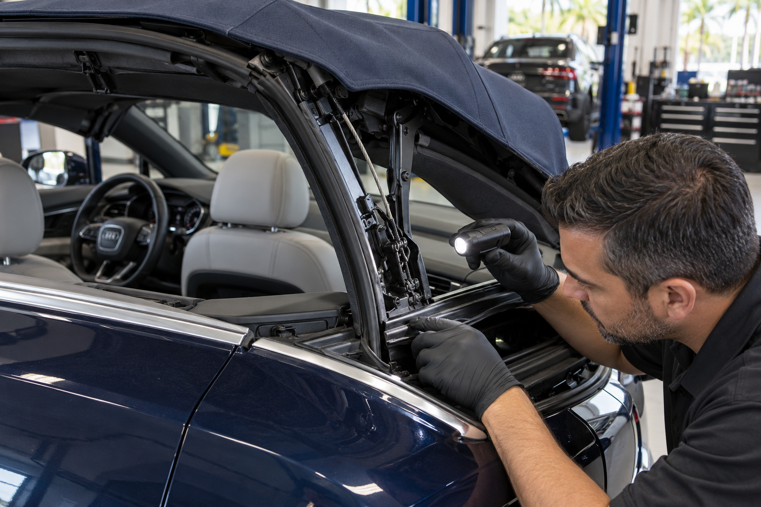 Technician inspecting Audi convertible roof seals and mechanical components