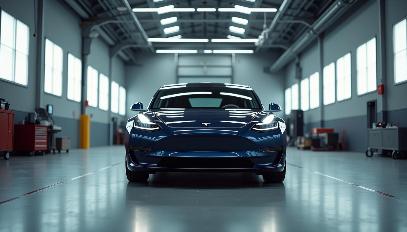 Eye-level view of a Tesla Model 3 in a body shop bay