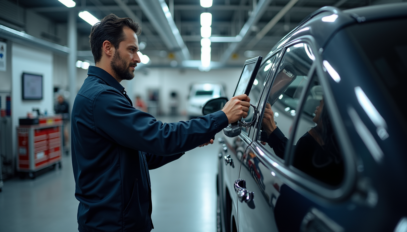 Eye-level view of a technician using a computerized frame measuring machine on a luxury SUV