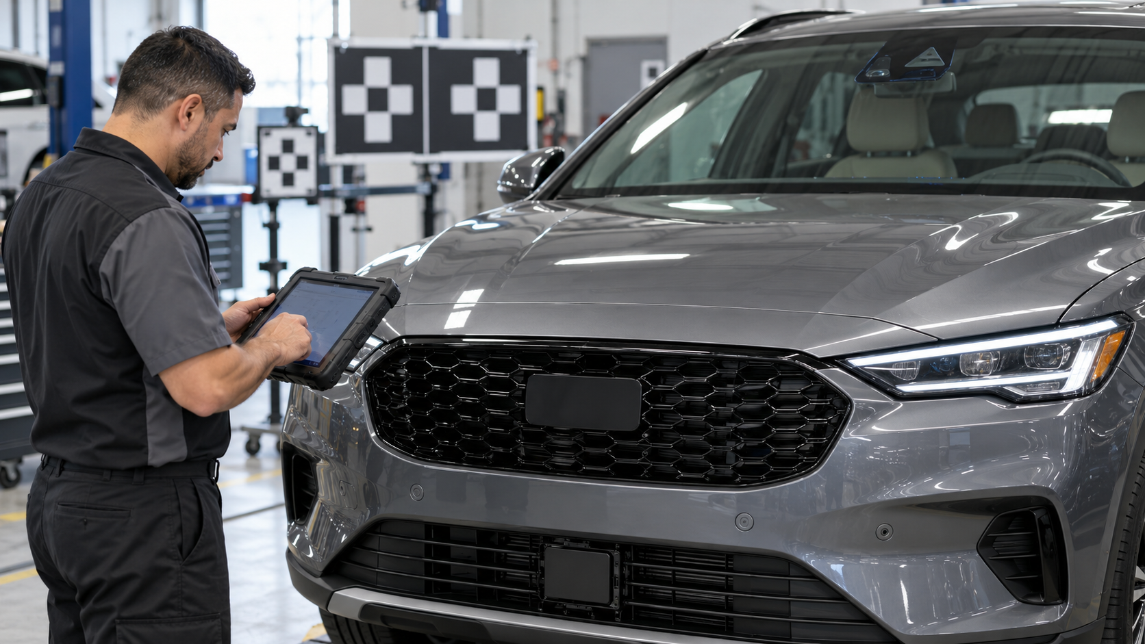Technician inspecting a vehicle camera, radar, and parking sensors after collision repair