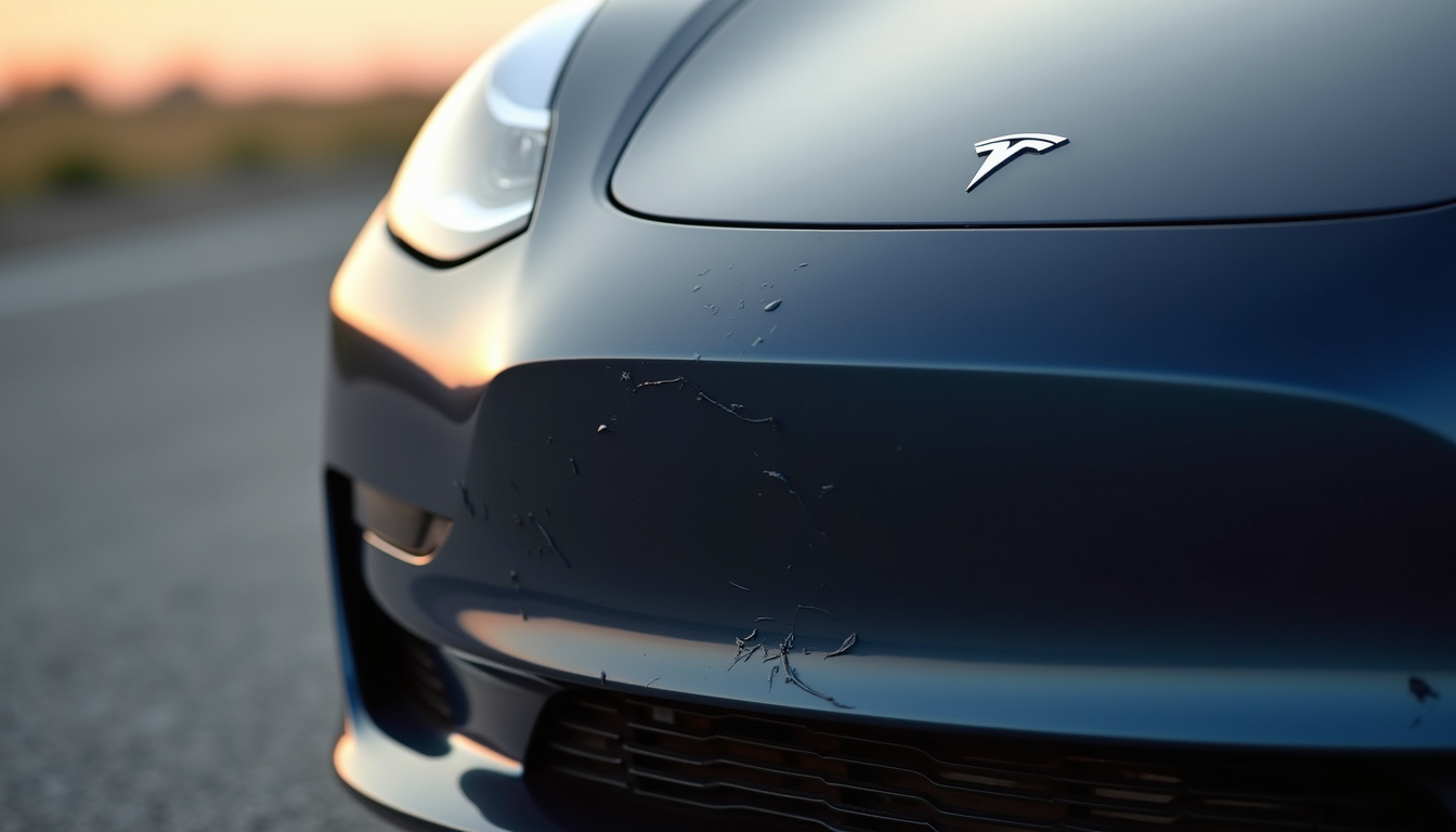 Close-up view of Tesla Model 3 front bumper with minor damage