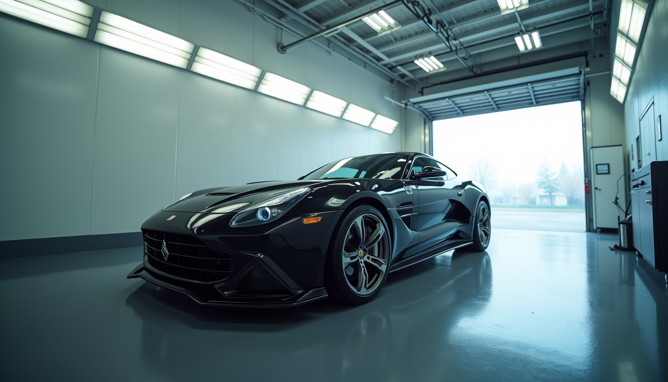Eye-level view of a luxury car inside a professional paint booth