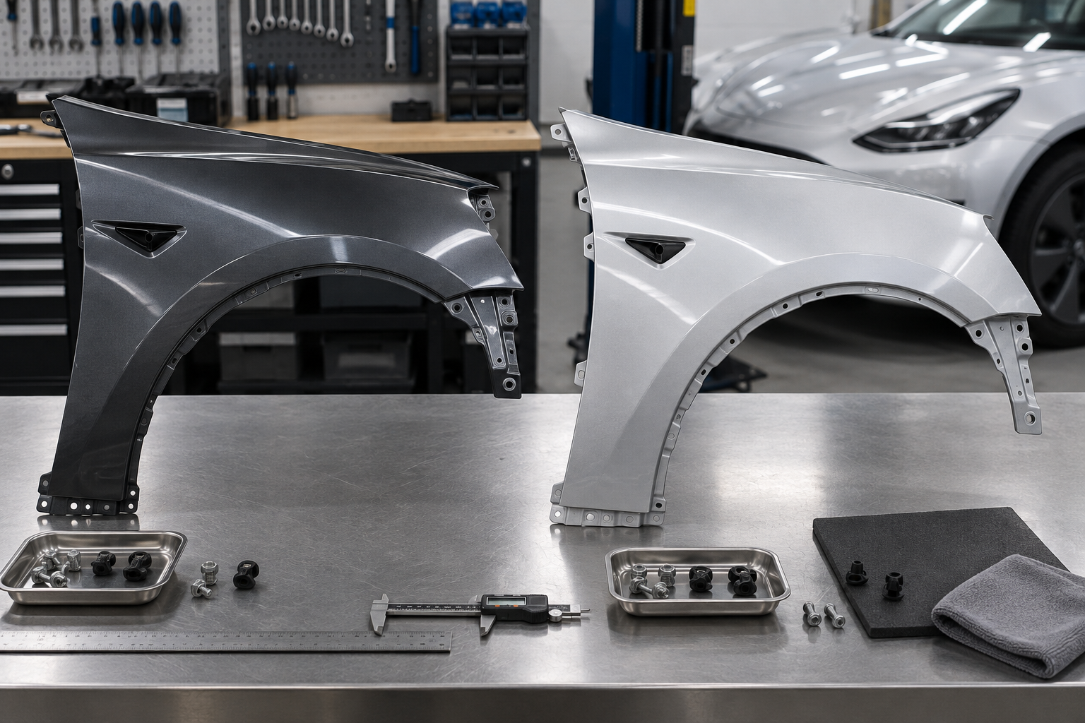 Two replacement electric-vehicle fender panels being compared for fit, finish, and mounting-point compatibility