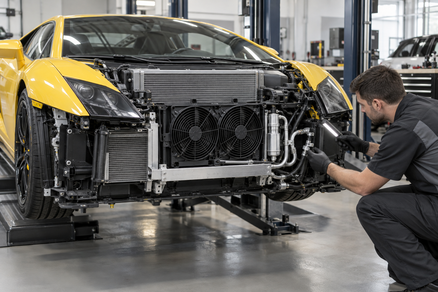 Technician inspecting an exotic car air-conditioning condenser, cooling fans, refrigerant lines, and front mounting points