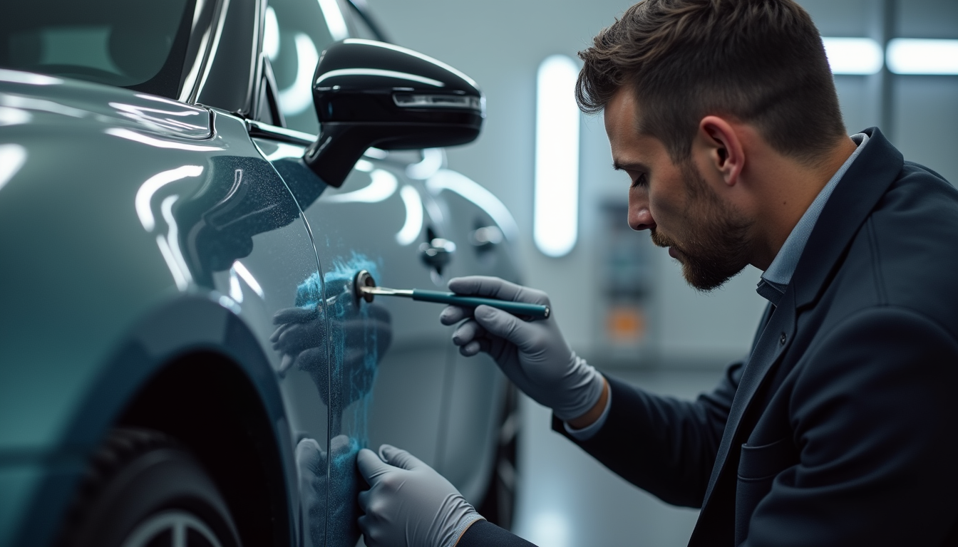 Close-up view of a technician performing paint matching on a luxury car