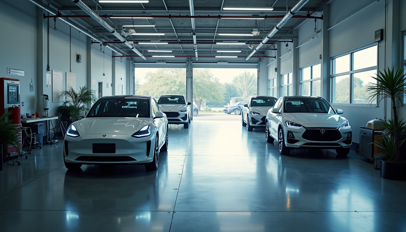 High angle view of a modern collision repair shop with electric vehicles being serviced