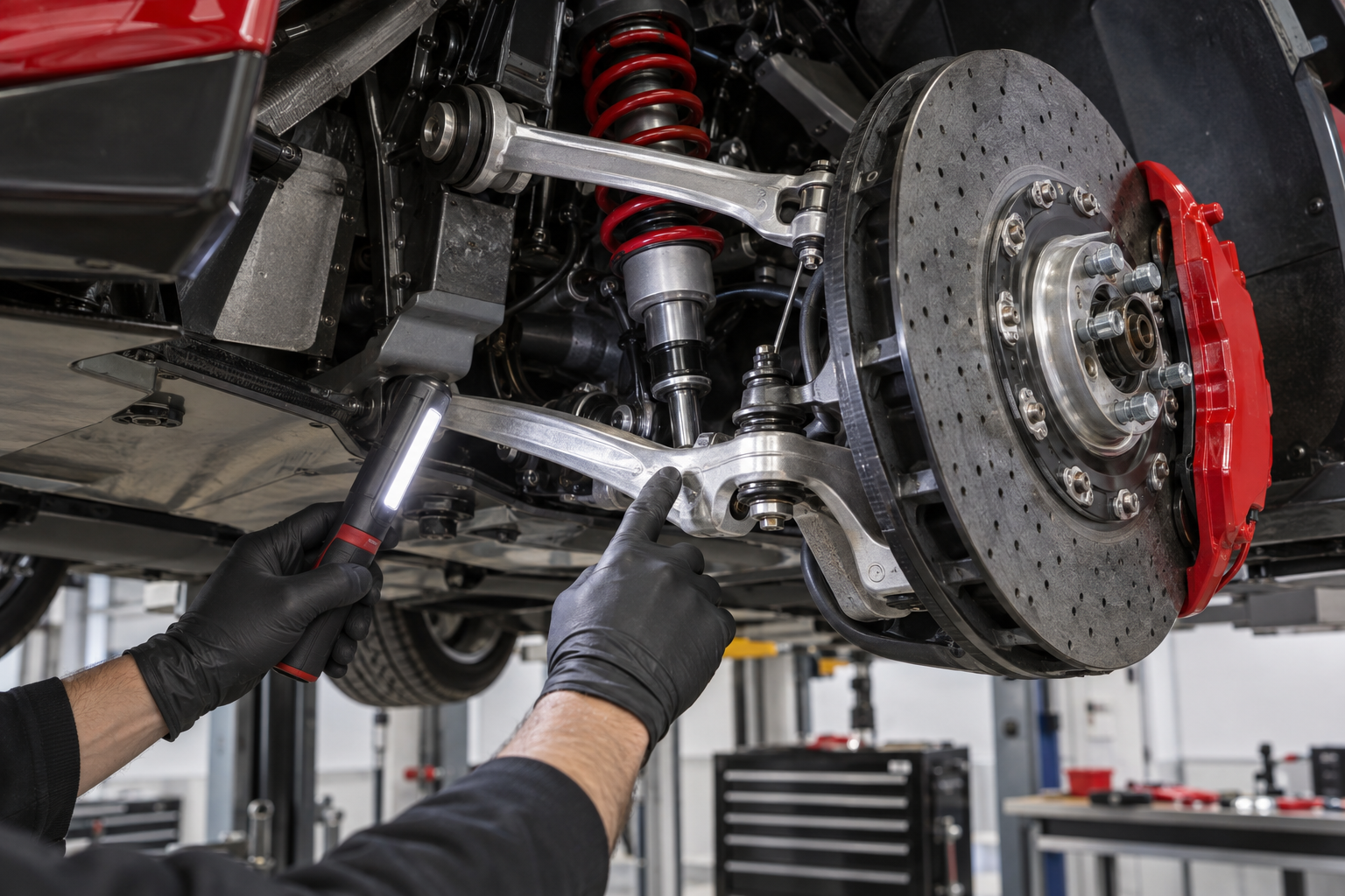 Technician inspecting an exotic car suspension, control arms, brake, and coilover