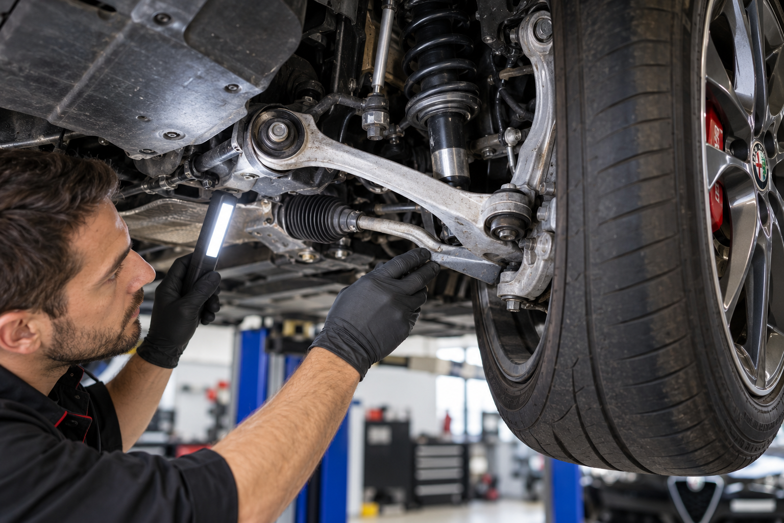 Technician inspecting Alfa Romeo suspension and wheel components after an impact