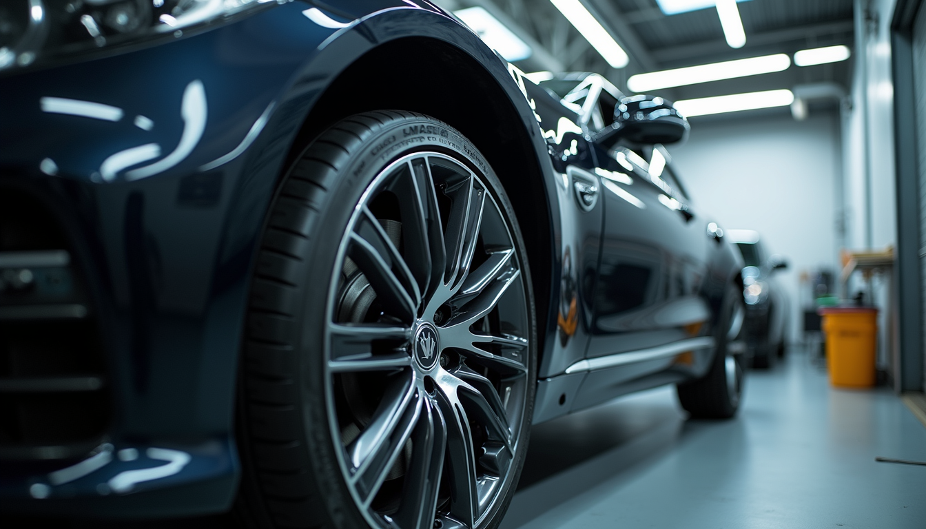Eye-level view of a luxury car undergoing frame alignment in a collision repair shop