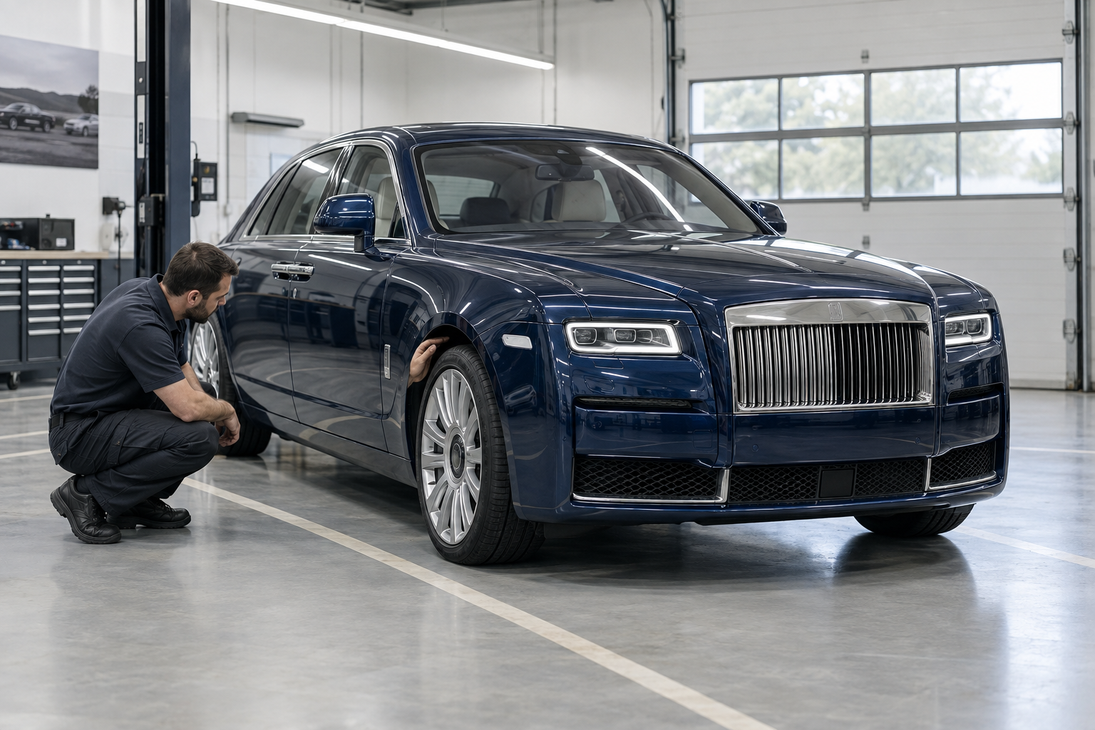 Illustrative inspection of uneven ride height on a Bentley-style luxury sedan