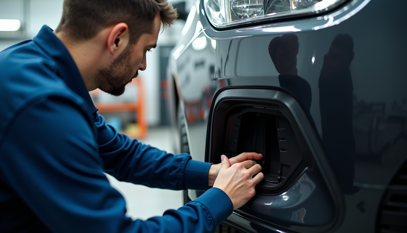 Close-up view of a technician repairing a car bumper