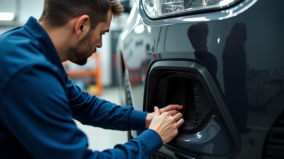 Close-up view of a technician repairing a car bumper