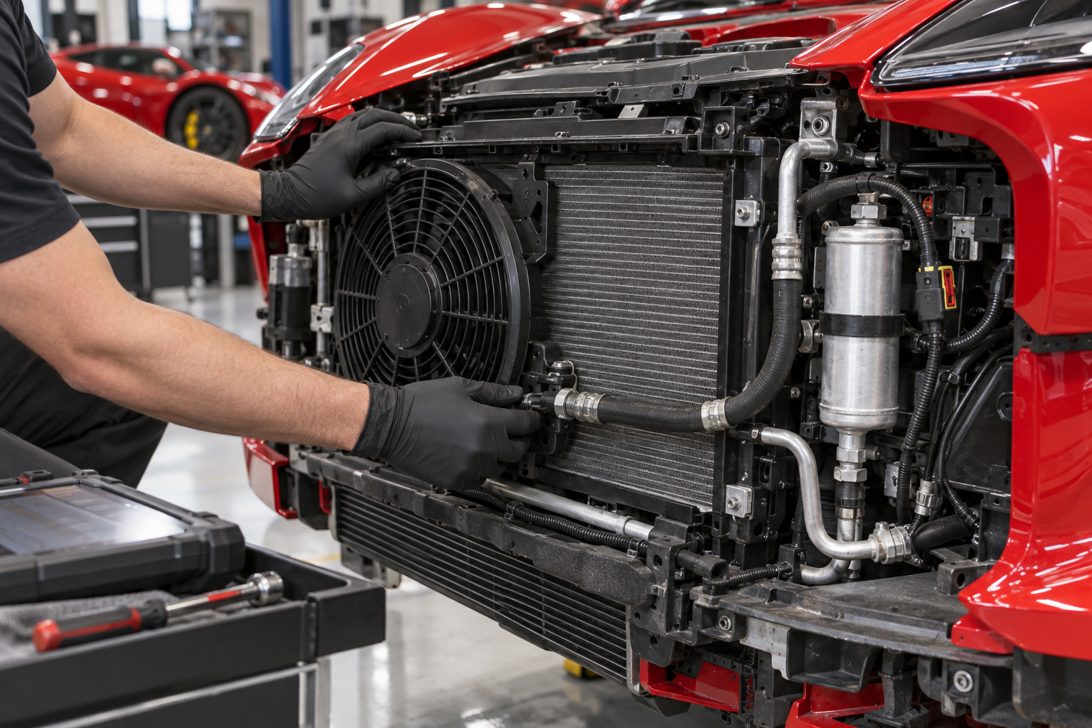 Technician inspecting the air-conditioning condenser, cooling fan, lines, wiring, and connectors on a red exotic car