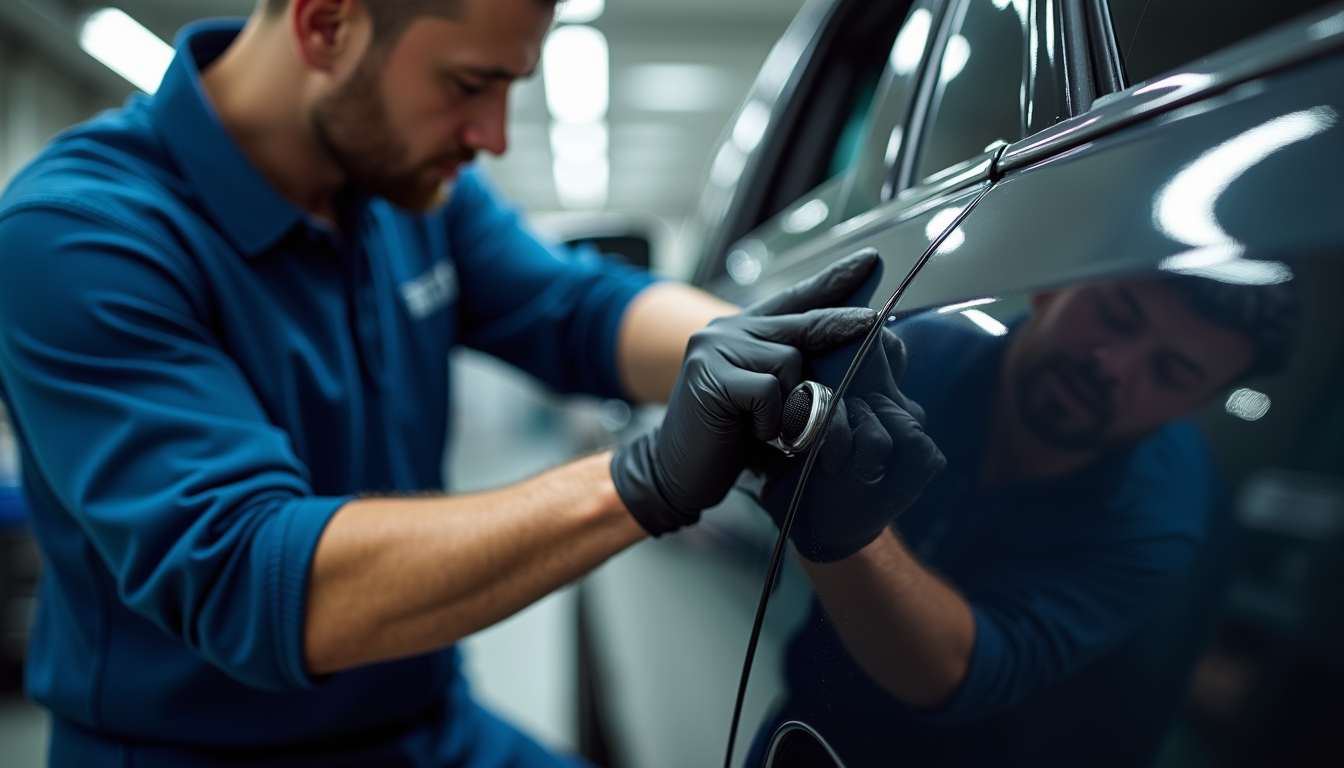 Close-up view of a technician repairing a car door panel