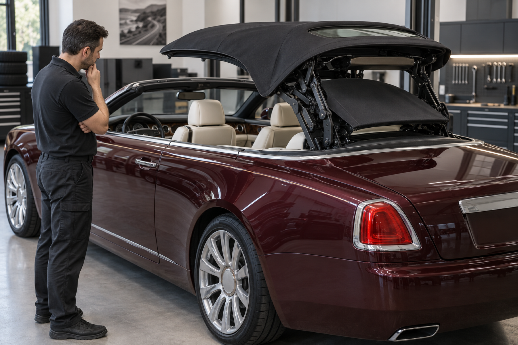 Illustrative inspection of a Rolls-Royce convertible roof mechanism and alignment