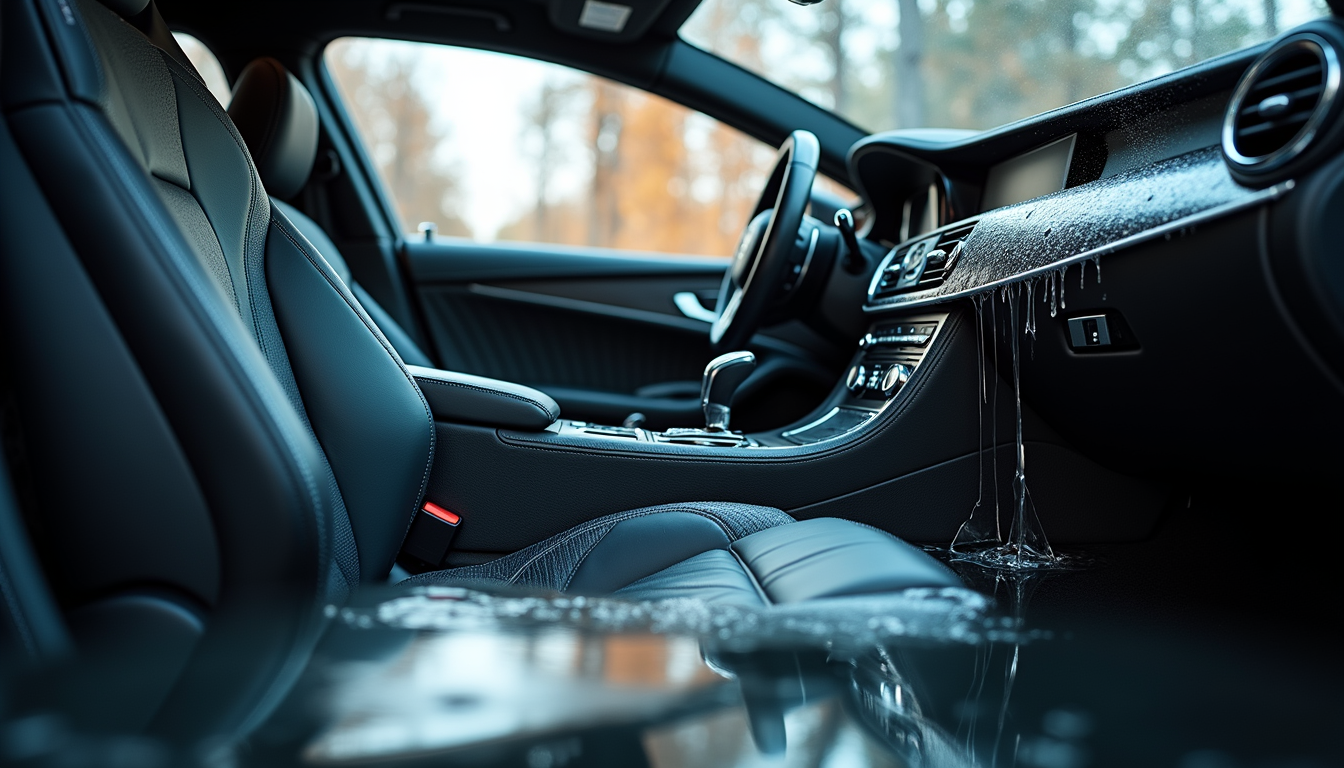 Eye-level view of a luxury car interior being professionally cleaned after flood damage