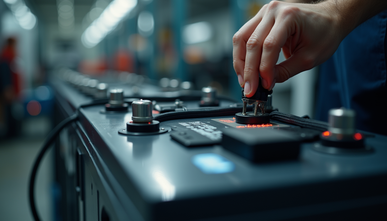Close-up view of an EV battery pack being inspected in a repair shop