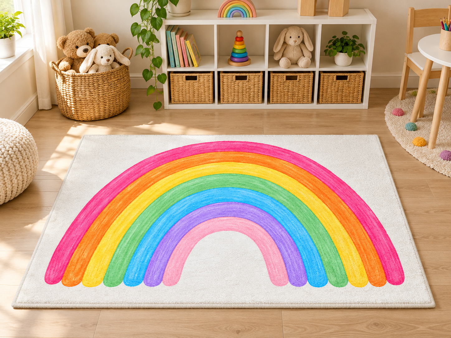 Rainbow Watercolor Arc Washable Chenille Rug | Kids Nursery Floor Mat