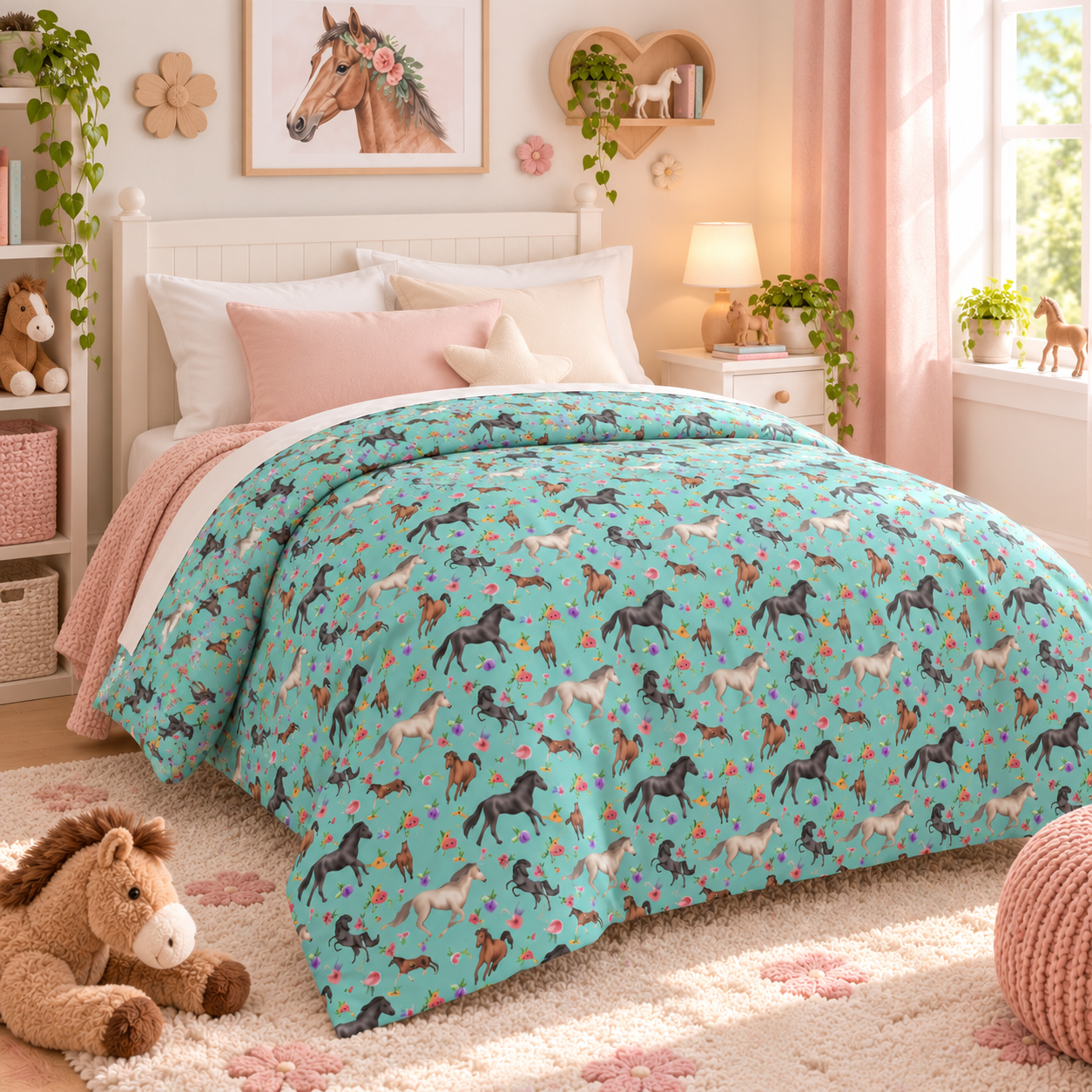 Running Horses Pattern Cotton Duvet Cover | Teal Equestrian Print