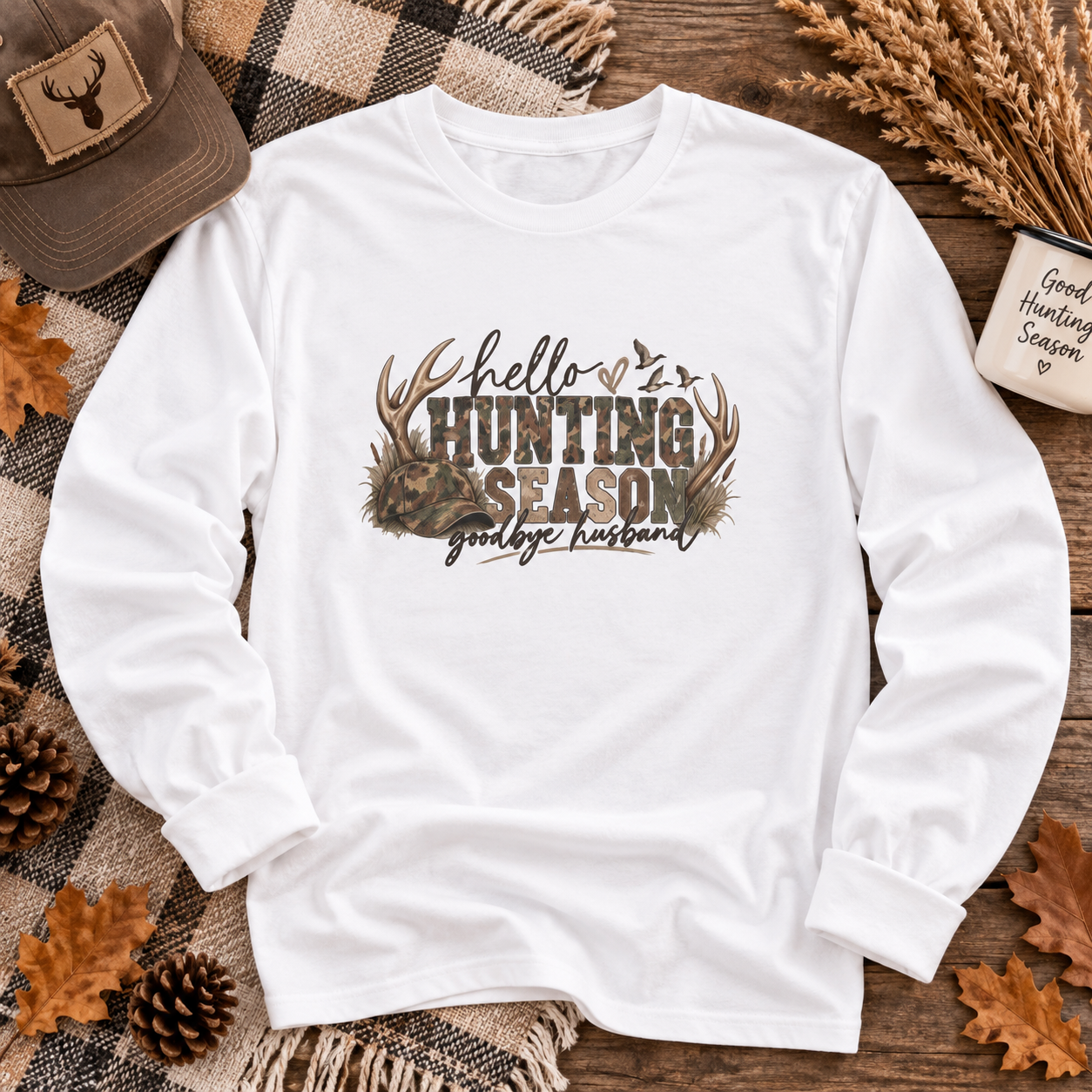 Hello Hunting Season Long Sleeve Tee | Deer Antlers Camouflage Text