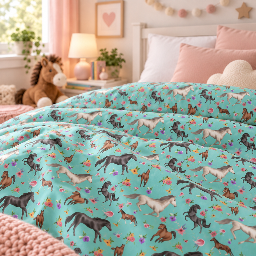 Thumbnail: Running Horses Pattern Cotton Duvet Cover | Teal Equestrian Print