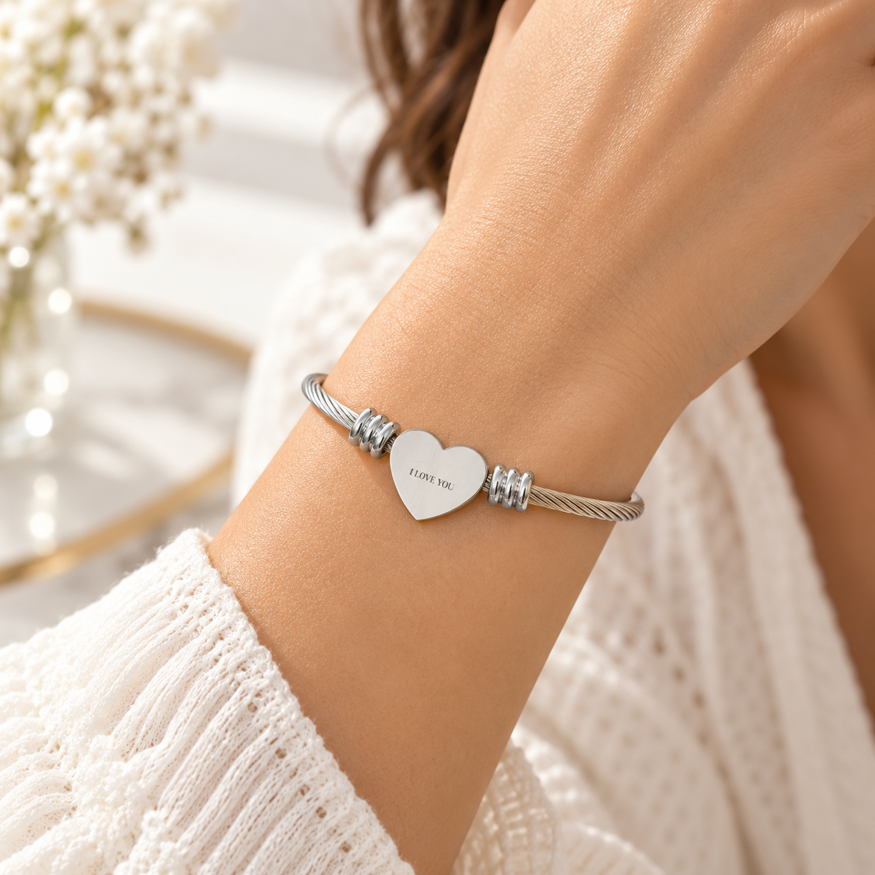 Engraved Heart Cuff Bracelet, Personalized Heart Cable, Silver Gold Plated