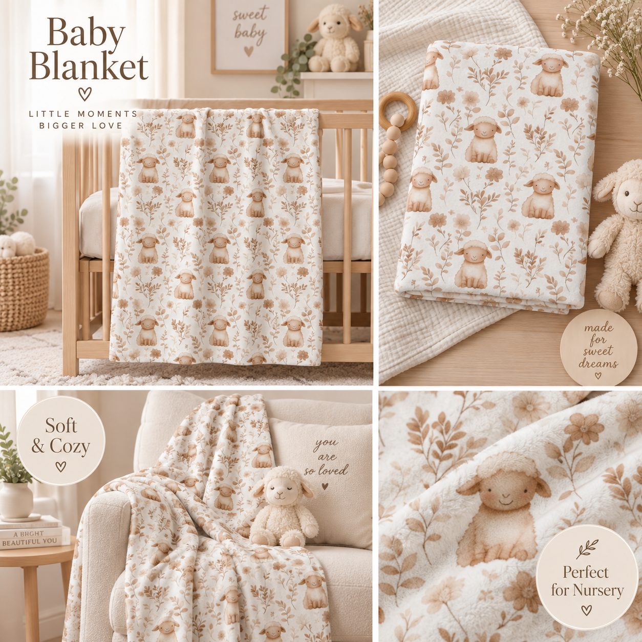 Cute Sheep Pattern Baby Blanket | Neutral Nursery Fleece
