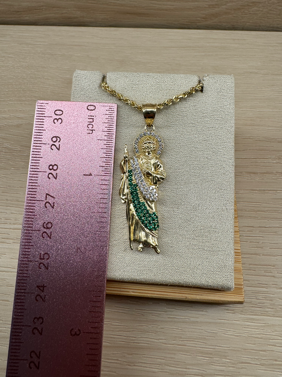 Thumbnail: 14K Gold Green and White Stone San Judas Pendant