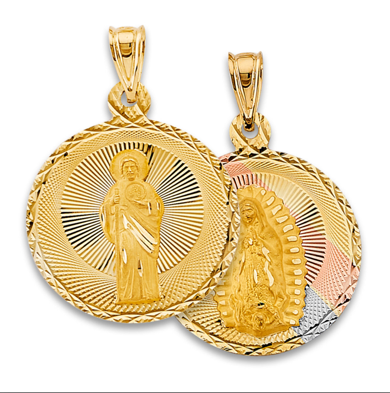 14K Gold Large Virgencita and San Judas Double Sided Pendant (Deposit)