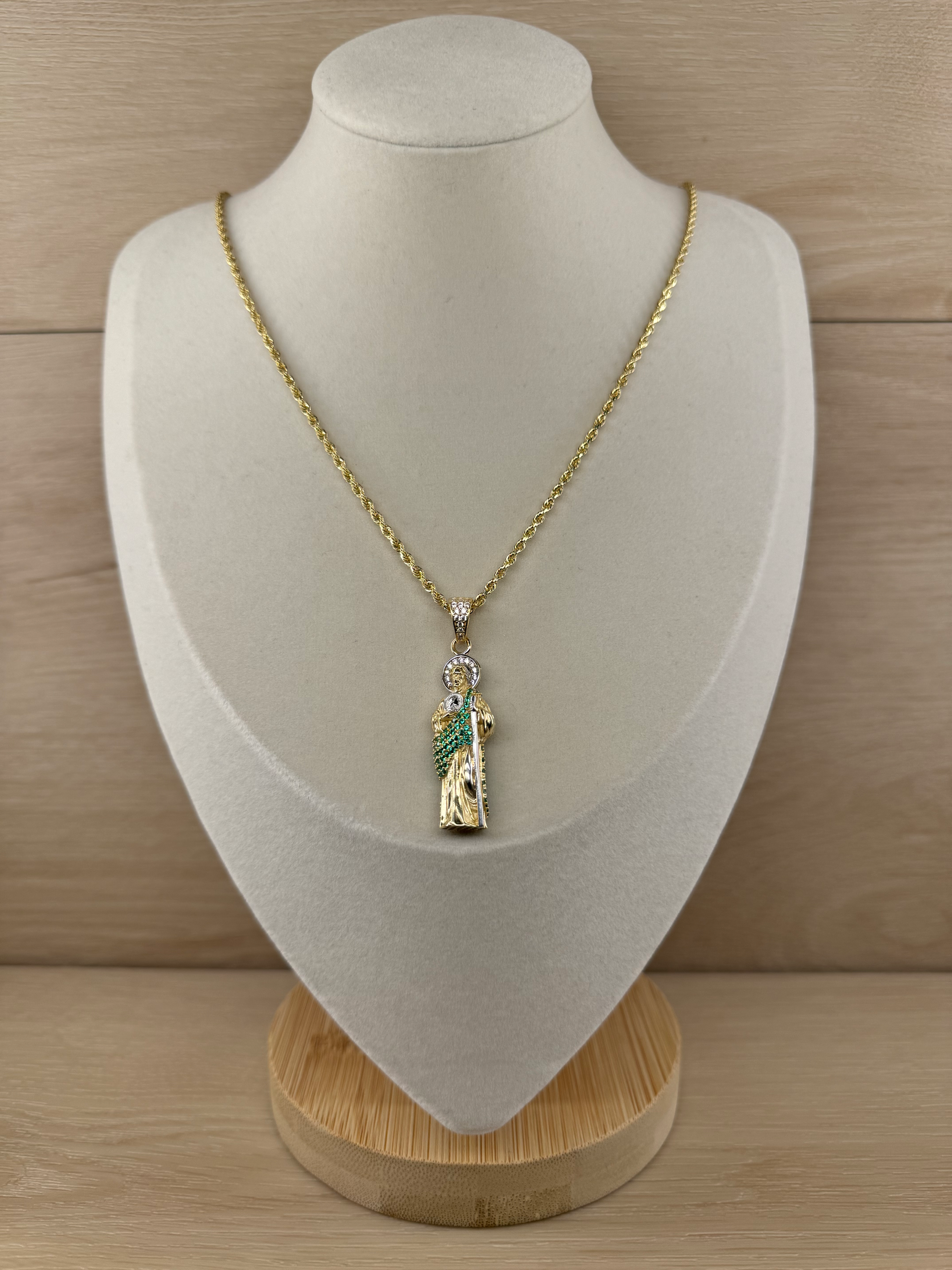 14K Gold Green Stone San Judas 3D Pendant + Chain Set