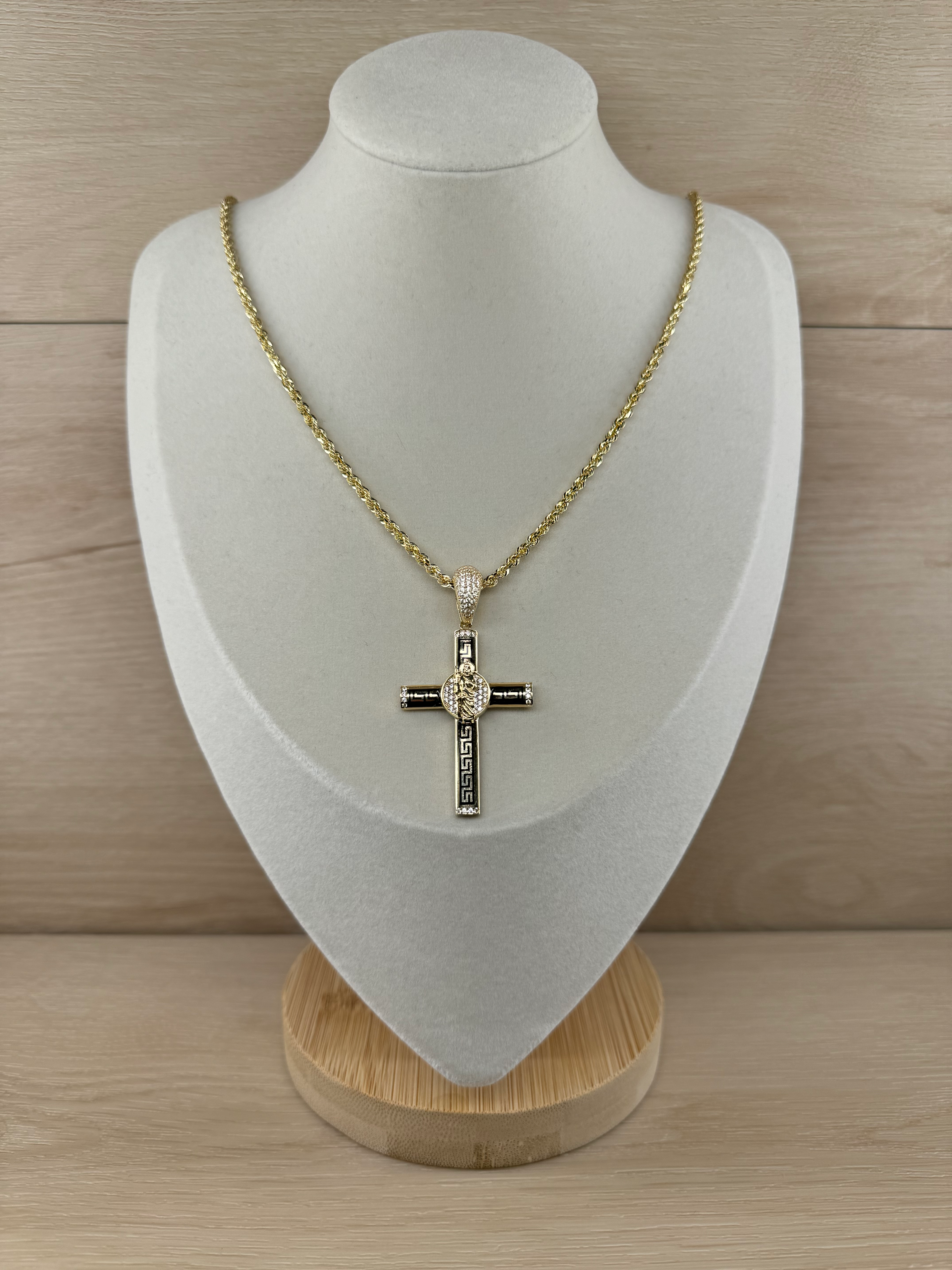 14k Large Aztec Pattern San Judas Cross Pendant + Chain Set